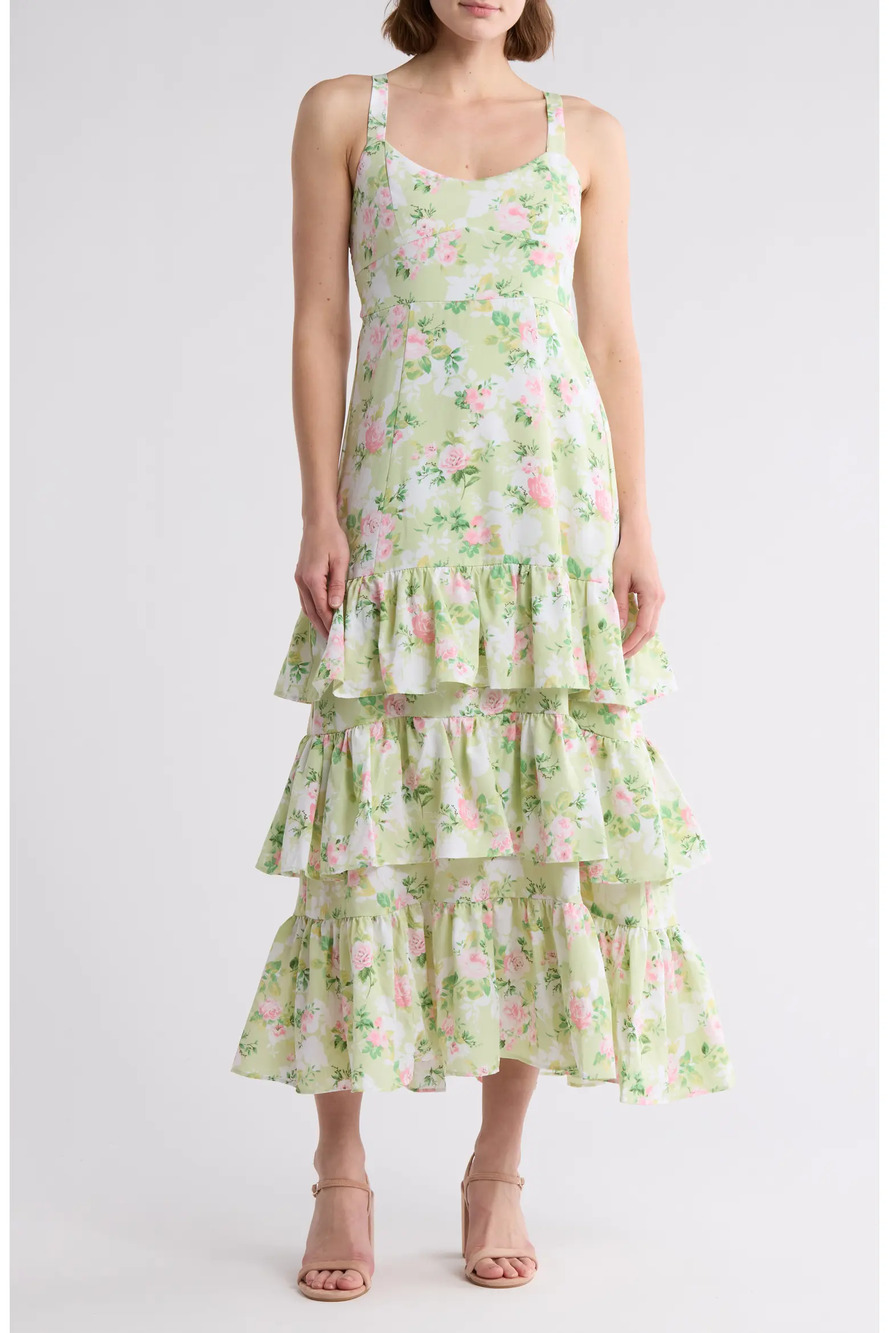 Green Floral Tiered Smocked Midi Dress